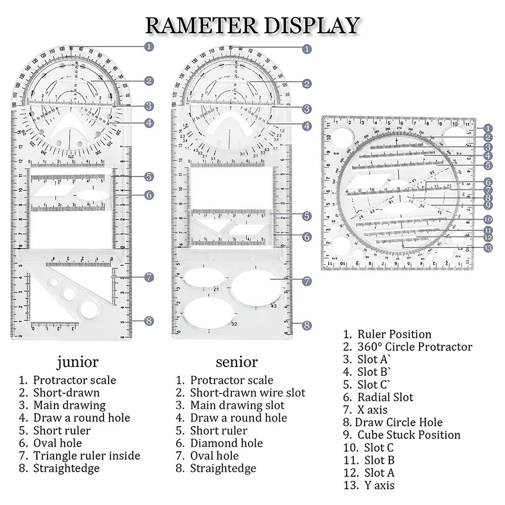 Règle géométrique multifonctionnelle, outils de dessin, ensemble de règles en plastique, mathématiques, mesure, cercle, dessin, 4 pièces