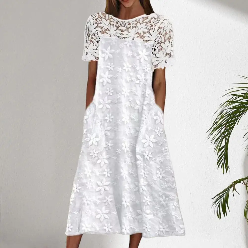 Ladies Dress Washable Lace Stitching Patchwork Women Outdoor Beach Traveling Embroidery Dress Women Dress Breathable