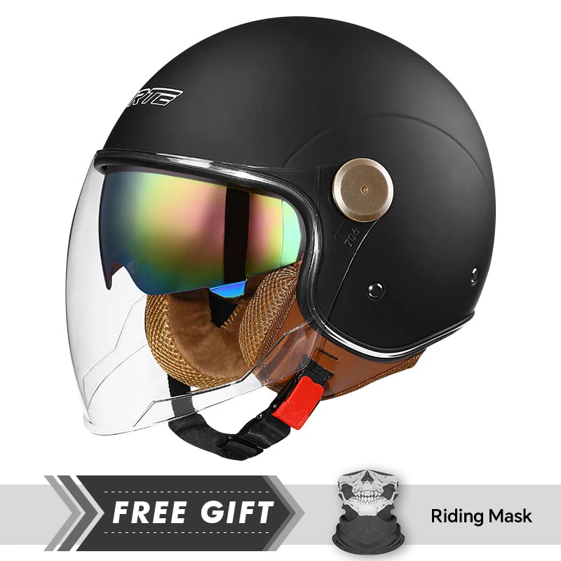 

Matte Black Double Lens Open Face Motorcycle Helmets DOT ECE Men Women Vintage Jet Helmet Daul Visor Retro 3/4 Open Half Helmet