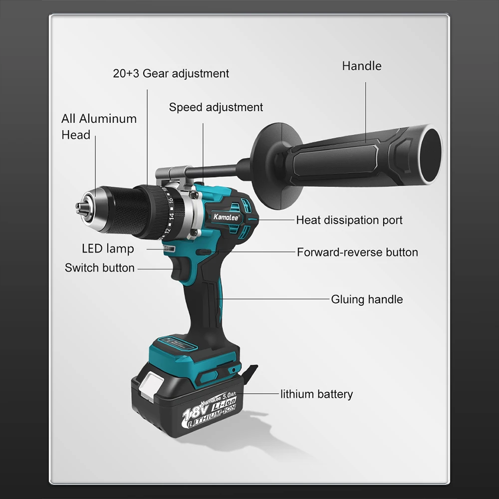 Kamolee Large Torque 650NM Brushless Electric Impact Drill 3 in 1 Electric Cordless Screwdriver For Makita 18v Battery