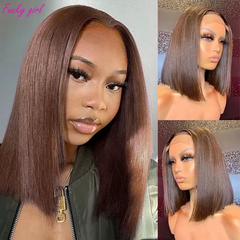 13x4 Bone Straight Bob Wigs Chocolate Brown 100% Prawdziwe ludzkie włosy Przezroczysta koronka 4x4Lace Closure 16 cali Krótki bob Pre Plucked