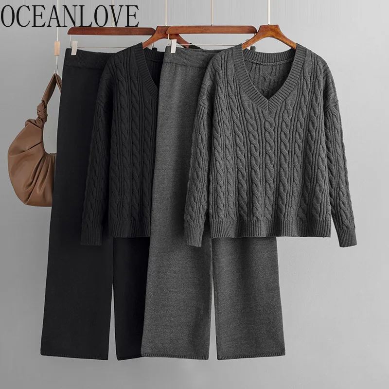 OCEANLOVE-Conjunto De dos piezas De punto para mujer, suéteres De cuello en V sólidos, Conjuntos De Pantalones gruesos Vintage, Otoño e Invierno