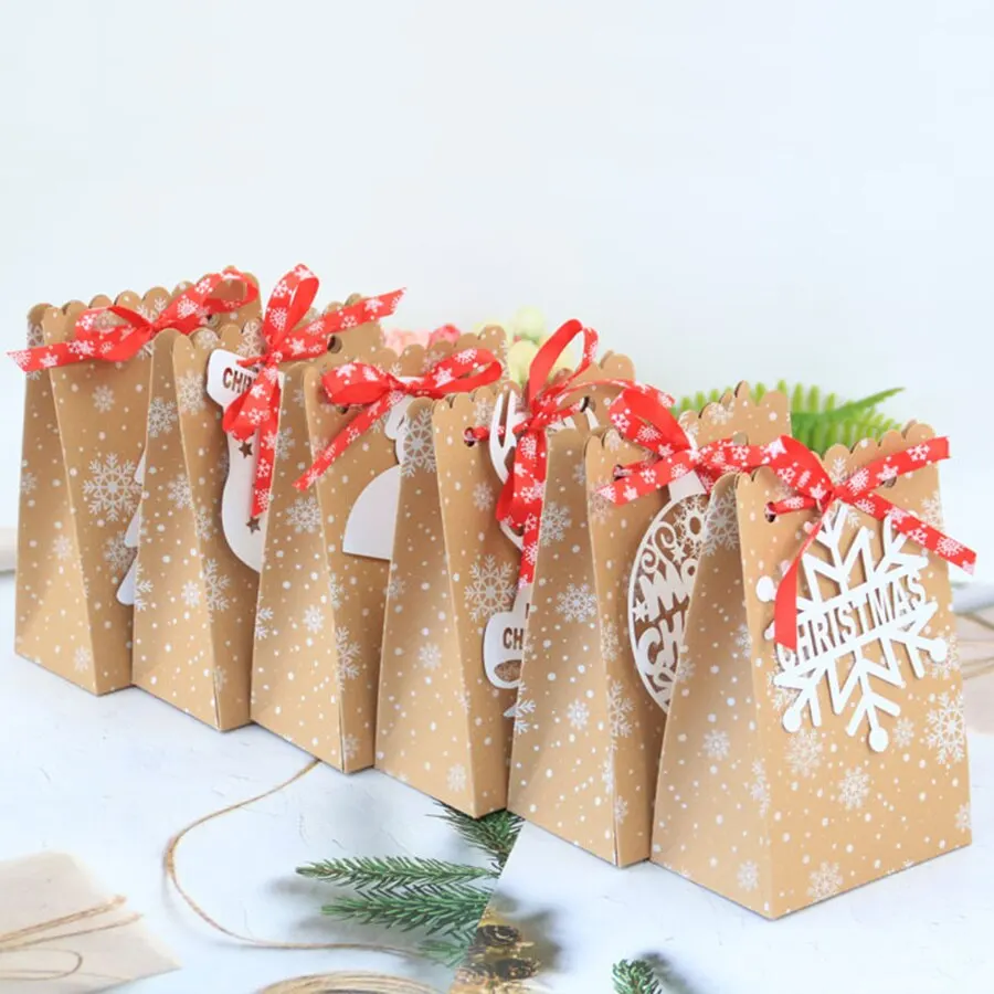 6pcs Christmas Gift Bag Kraft Paper Bags Santa Claus Snowman Xmas Party Candy Bag Cookie Xmas Packaging Bag Pouch Wrapping