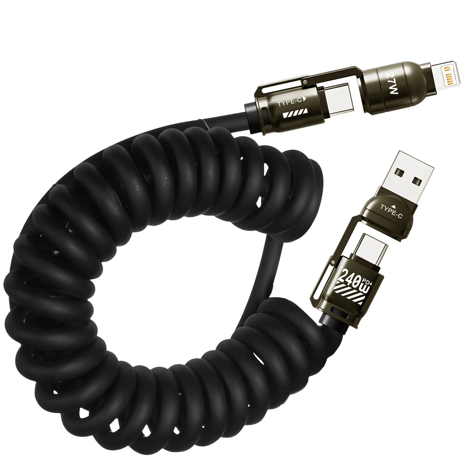 4 in 1 PD 240W Fast Charging Spring Cable USB Type C To Type C And USB Data Cable Wire For iPhone 15 16 Samsung Xiaomi