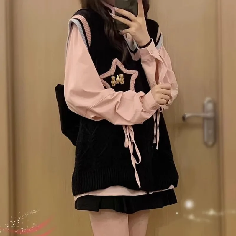 Panelled Women Sets Sweater Vest Pink Shirt Preppy Style Bears Rabbits Loose Slouchy School Girl Lace Up Two Pieces Korean-style