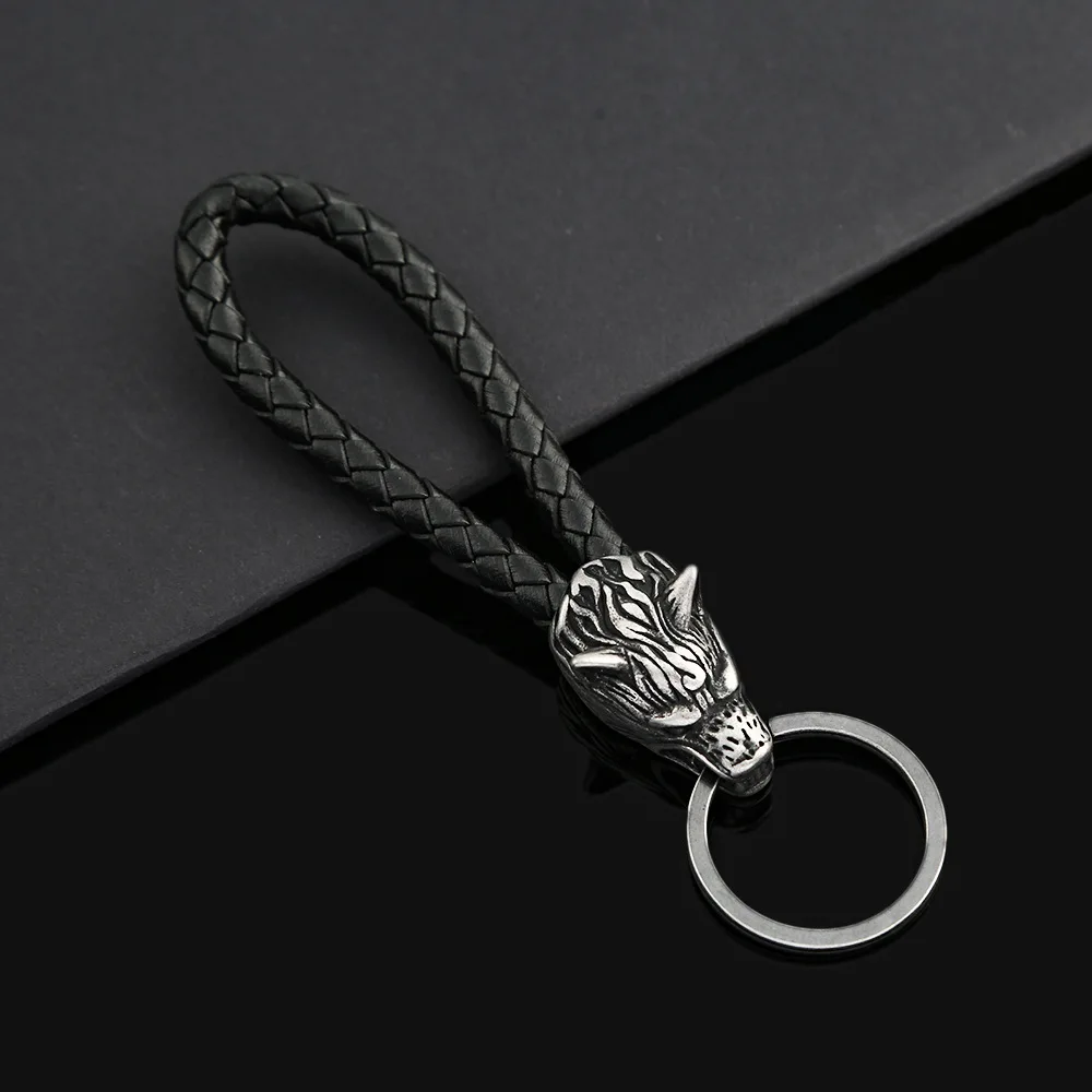 

Stainless Steel Creative Viking Wolf Head Keychain Personalized Leather Car Key Ring Unique Animal Keychains Jewelry Wholesale