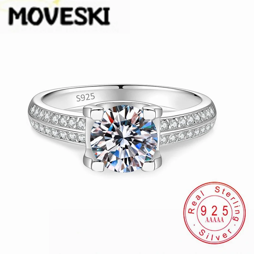 

S925 Sterling Silver 1 Carat Round Moissanite Ring Four Prong Double Shank Paved Wedding Engagement Jewelry For Women