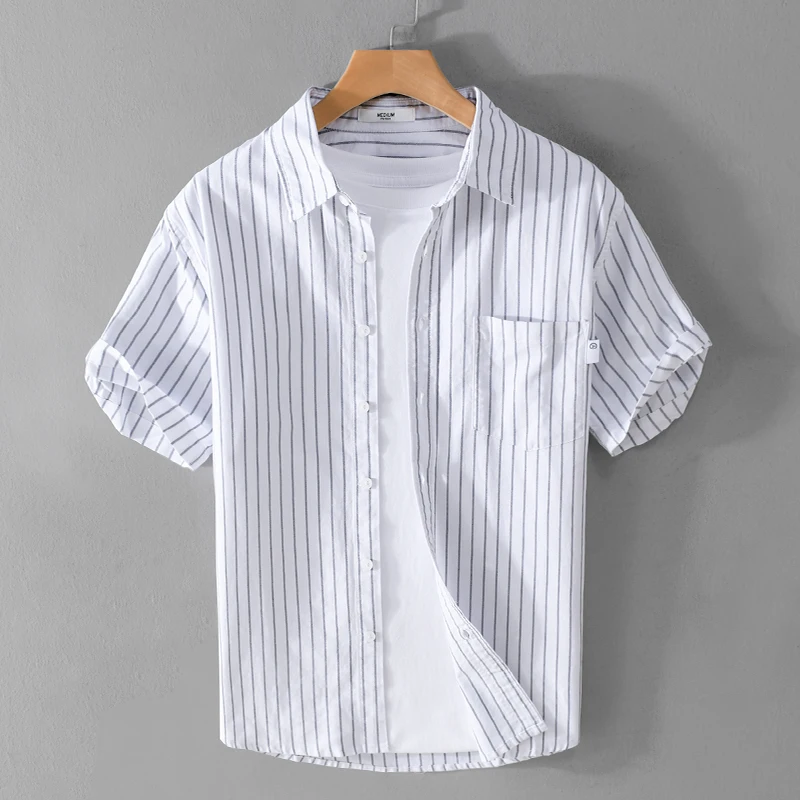 

Мужская рубашка из чистого хлопка с коротким рукавом, повседневная, свободного кроя, с квадратным воротником, летняя, модная, дышащая, приталенная, на пуговицах