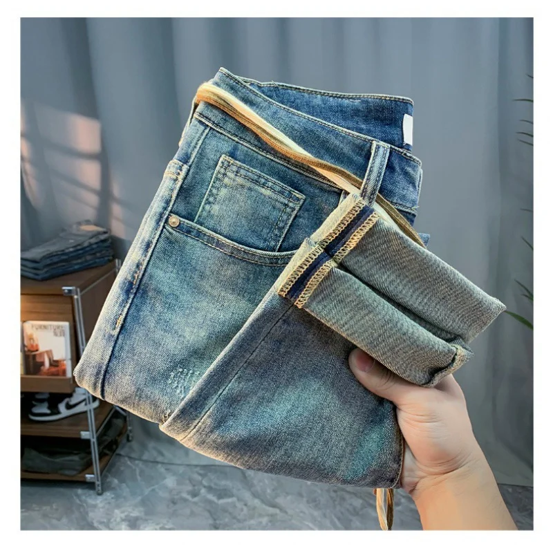 Retro Washed Worn Jeans Men's Thin Fashion Brand Printed Loose Straight Casual Trousers 2024 Summer