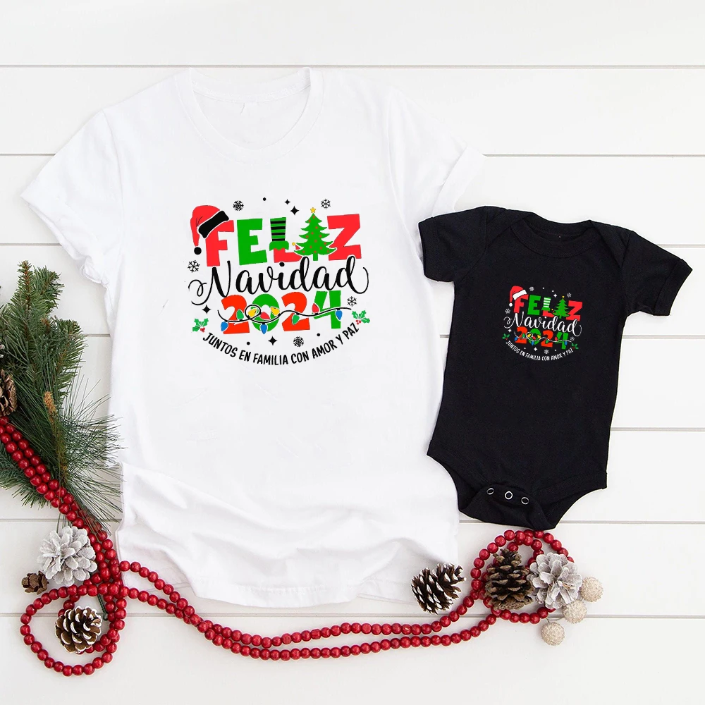 Merry Christams 2024 Family Matching Ouftits Mom Dad Kids T-shirts Baby Romper Xmas Family Shirt Feliz Navidad Clothes