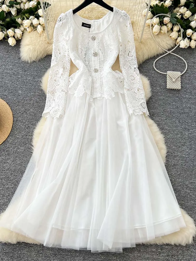 Party Luxury Lace mesh patchwork dress Women's White 2025 Elegant Hollow out O-neck Long sleeve Midi dresses Lady INKEO 4D137