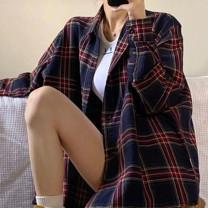 Shirts Women Plaid Long Sleeve Chic Loose Spring Casual Sun-proof BF Retro Harajuku Daily Streetwear College Simple All-match