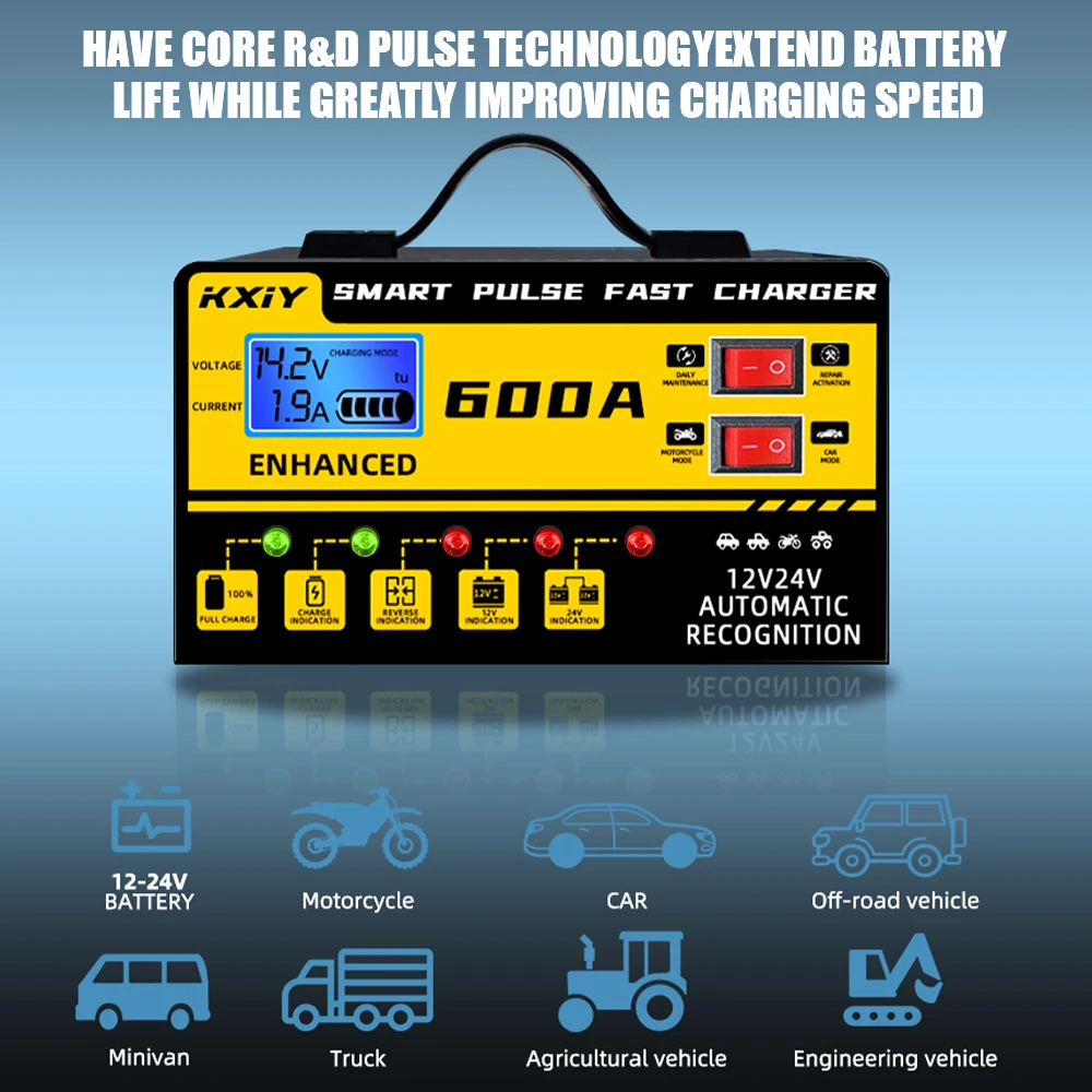 شاحن بطارية السيارة ذكي نبض إصلاح الجهد كشف درجة الحرارة التوقف التلقائي شاشة الكريستال السائل الرقمية 12 فولت 24 فولت 600A #5
