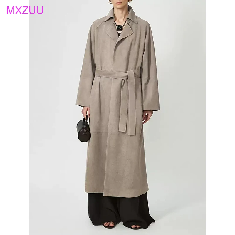 

Женское пальто-тренч из натуральной кожи, имитация замши, на шнуровке, в стиле халата, простое, модное, серое, длинное, Chaquetas De Mujer