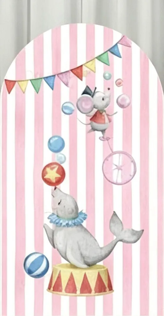 Custom 2-Side Pink Circus Baby Shower Arch Backdrop Cover Pink Stripes Lion Elephant Dolphin Birthday Party Decor Backdrop Photo
