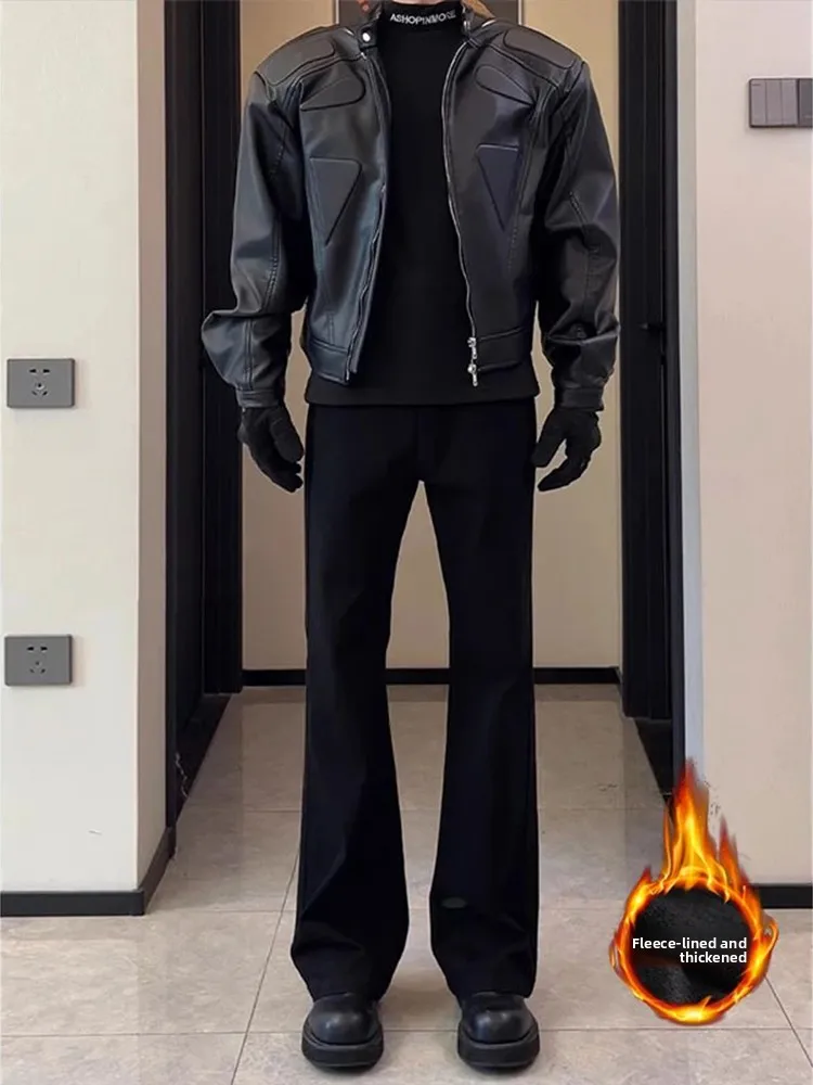 

Black Casual Straight Leg Men's Pants Autumn Winter Fleece Lined Cleanfit Suit Trousers Drapey High End Feel Polyester Fiber