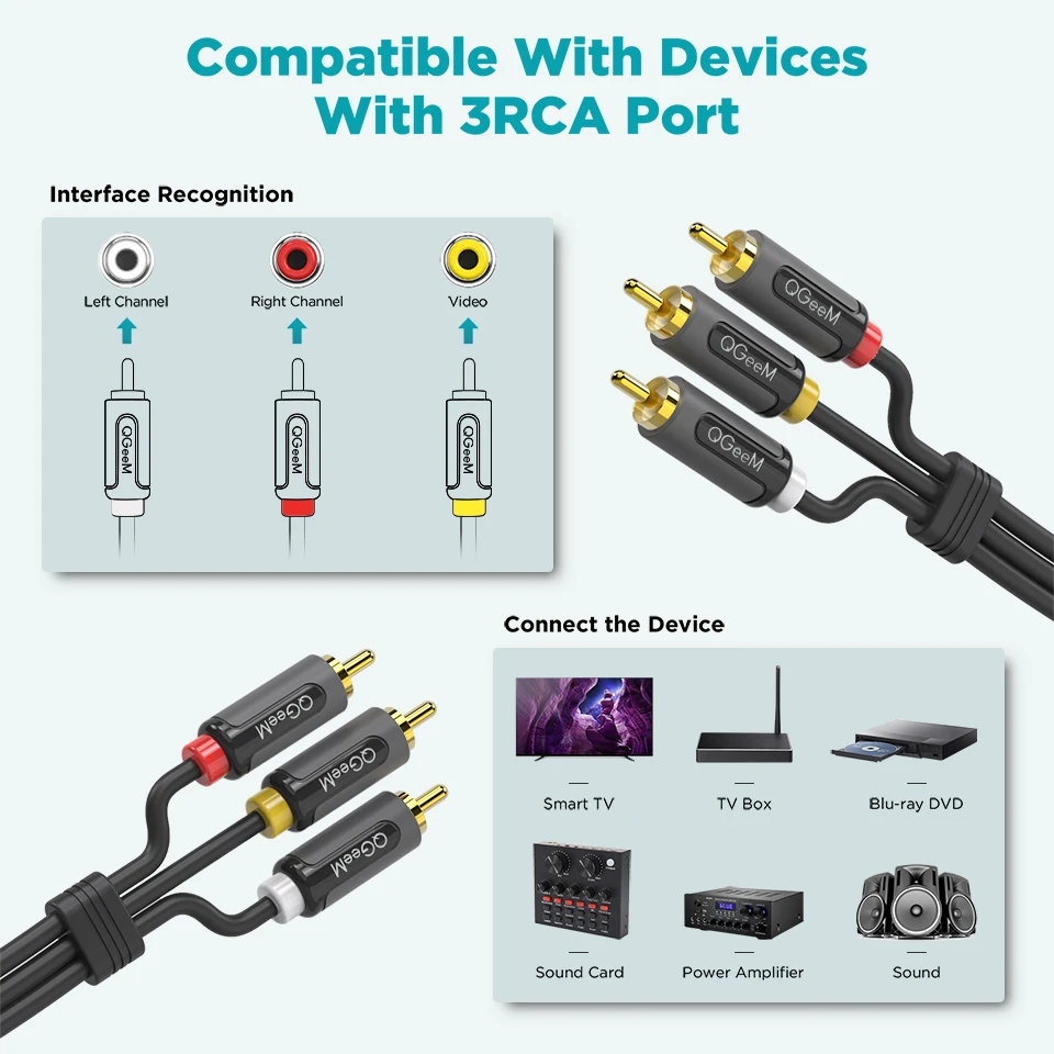 QGeeM 3RCA do 3RCA kabel do rozdzielacza łącze typu Jack kabel Audio RCA Stereo Aux Wire dla TV CD DVD Radio wzmacniacz dźwięku konsola