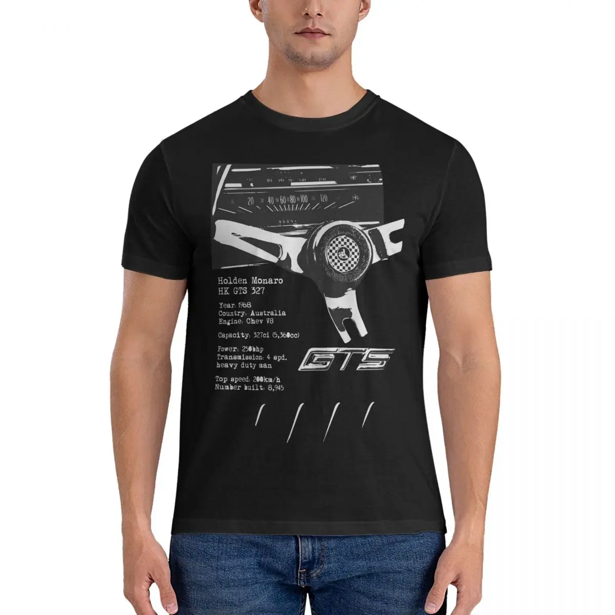 Holden Monaro GTS 327 (Specifications) T Shirt Men's Cotton Fun T-Shirts Round Neck WRC Tees Short Sleeve Clothes Unique