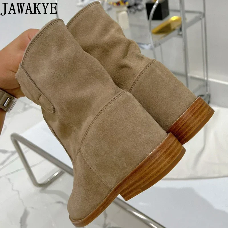 Designer Inner Wedge Heel Ankle Boots For Women Suede Leather Round toe Flat Heel Chelsea Boots Winter Platform Shoes Woman