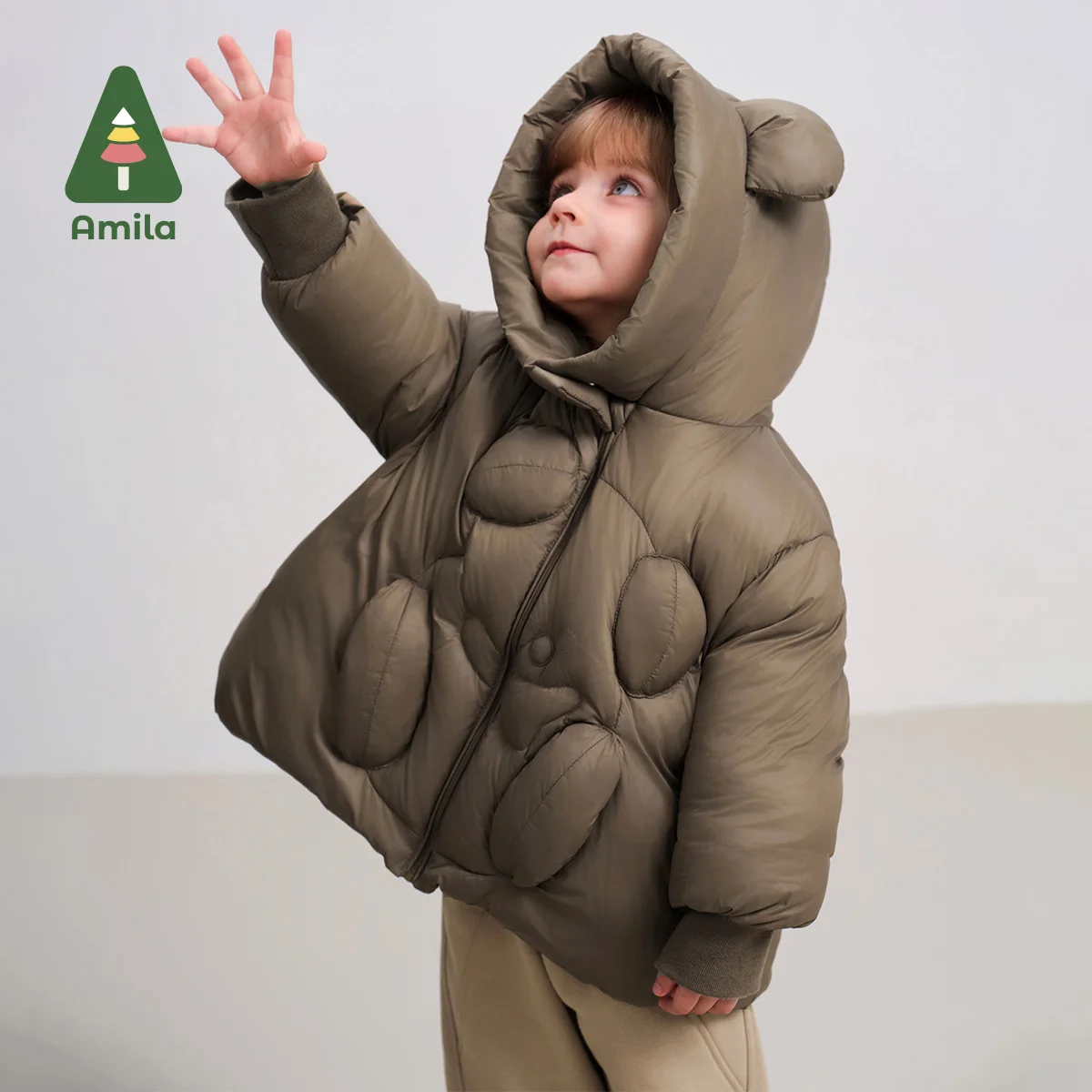 Amila Baby Down Jacket 2024 Winter New Style Boys And Girls Solid Color Bear Hooded Basic Warm Loose Casual Children’s Jacket