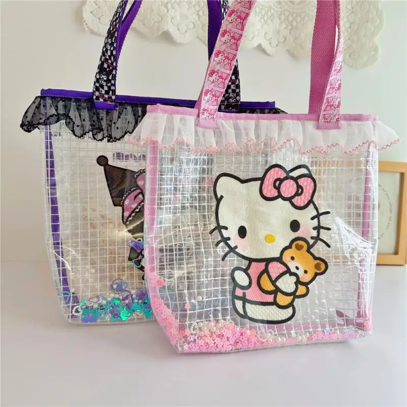 

Kawaii Cute Sanrio Hellokitty Kuromi Bag Lace Embroidered Handbag Double Layer Transparent Mesh Flow Sand Sequin Bag Girl Gift