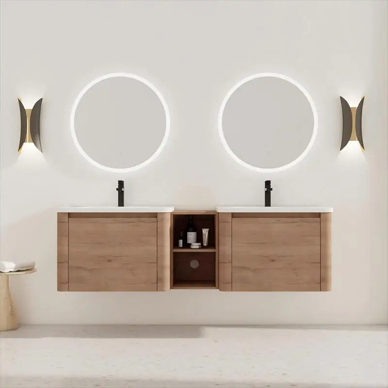 

68" Wall-Mount Bathroom Vanity with White Sink and Storage, Soft-Close Door, Plywood Construction