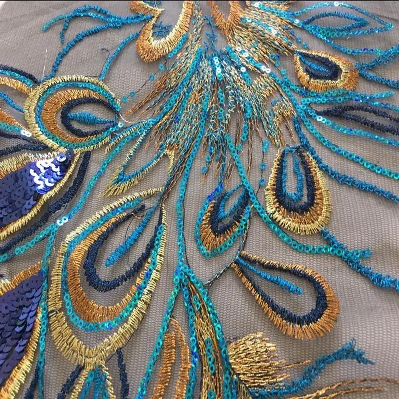 DIY Craft Embroidered Sequins Peacock Mesh Cloth Feather Applique Sew Trim 51X40cm