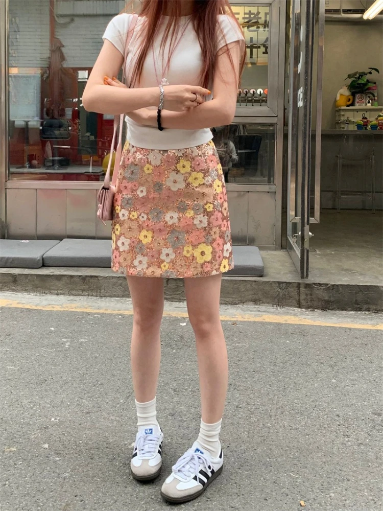 

Korobov Korean Y2k Slim Flower Sequin High waist A-LINE Mini skirt New arrival 2025