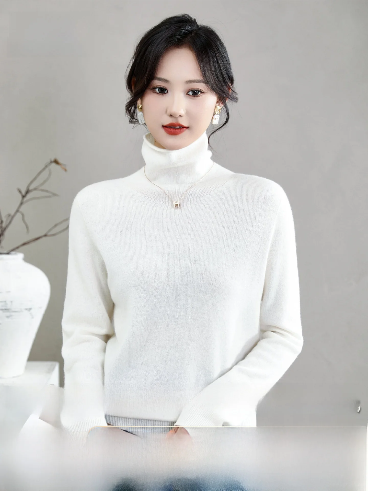 

Snow Flying Luxury Cashmere Sweater High Neck Women's Soft Comfortable Pure Color Simple Design Warm Woolen Long Sleeve Top