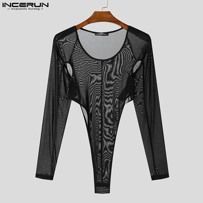 INCERUN 2024 model Amerika Jumpsuit Fashion pria seksi tembus pandang jala tipis bodysuit pria Homewear lengan panjang Romper S-5XL