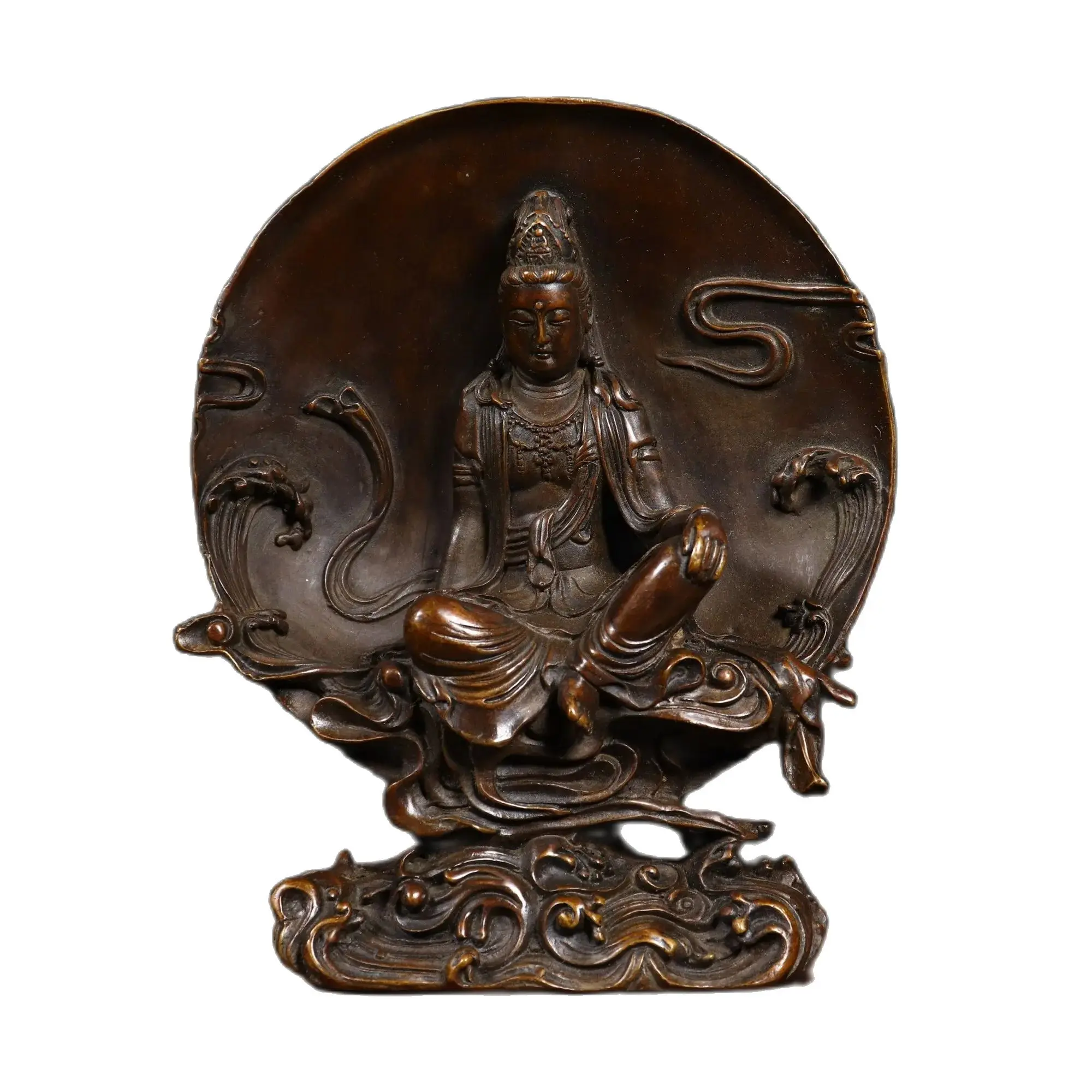 bronze statue Antique imitation bronze water moon Guanyin Bodhisattva Size: Length 15.5 cm, Thickness 5 cm, Height 19.5 cm