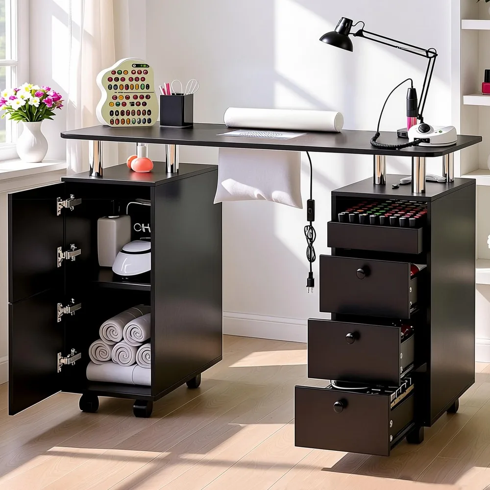 Nail Desk for Nail Tech w/Electric Dust Collector, Rolling Manicure Table w/Lockable Wheels, Storage Drawers, Wrist