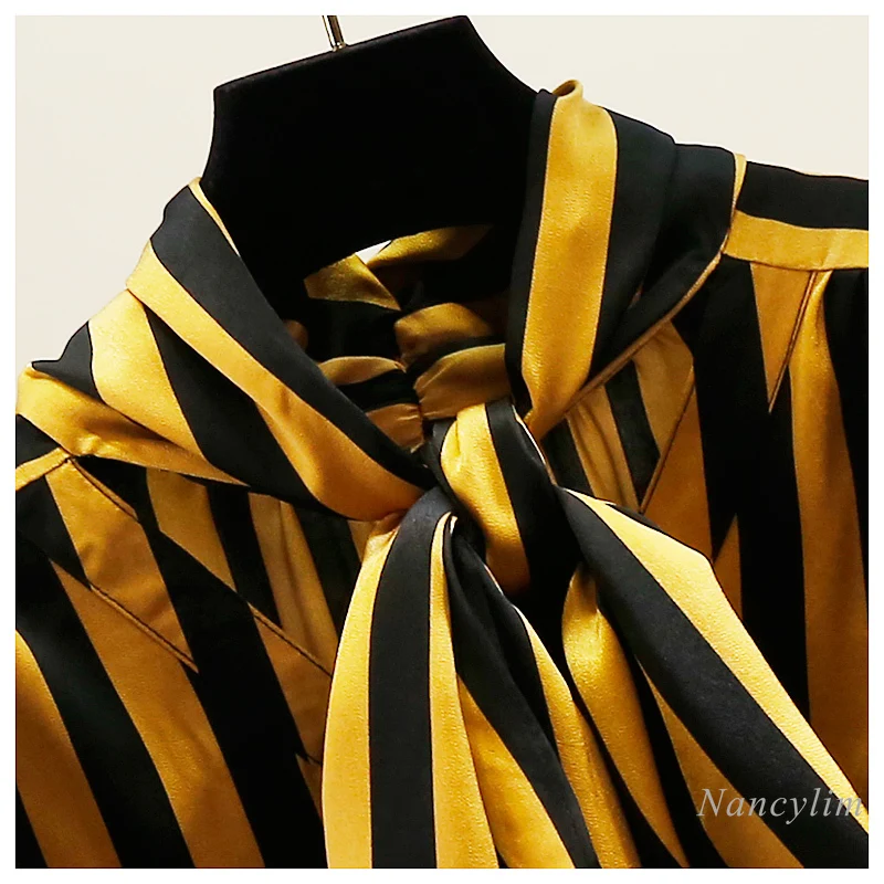 Fashion Heavy Industry's New Bow-tie Striped Shirt Blouse for Women Ladies Long Sleeves Loose and Versatile Tops