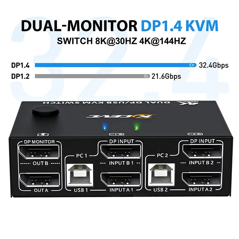 Ingenious-KCEVE 8K Dual Monitor KVM Switch,Displayport 1.4 KVM Switch 2 Monitors 2 Computers 8K 30Hz 4K 144Hz With 4 USB Ports