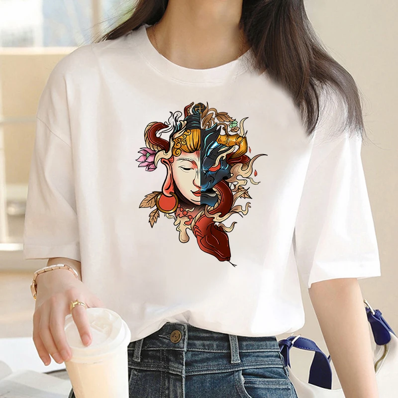 Harajuku Style Japanese Gods Women's T-Shirt Summer Flower High Street Pattern Namahage Print Short Sleeve Top Men/Women