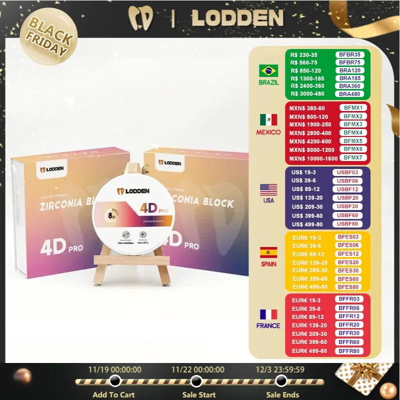 LODDEN-laboratorio Dental de circonita multicapa 4D Pro, 8 capas, A1, A2, A3, A3.5, CAD CAM, sistema abierto, 98x10-25mm, 43%-57%, alta resistencia, 43%-57%