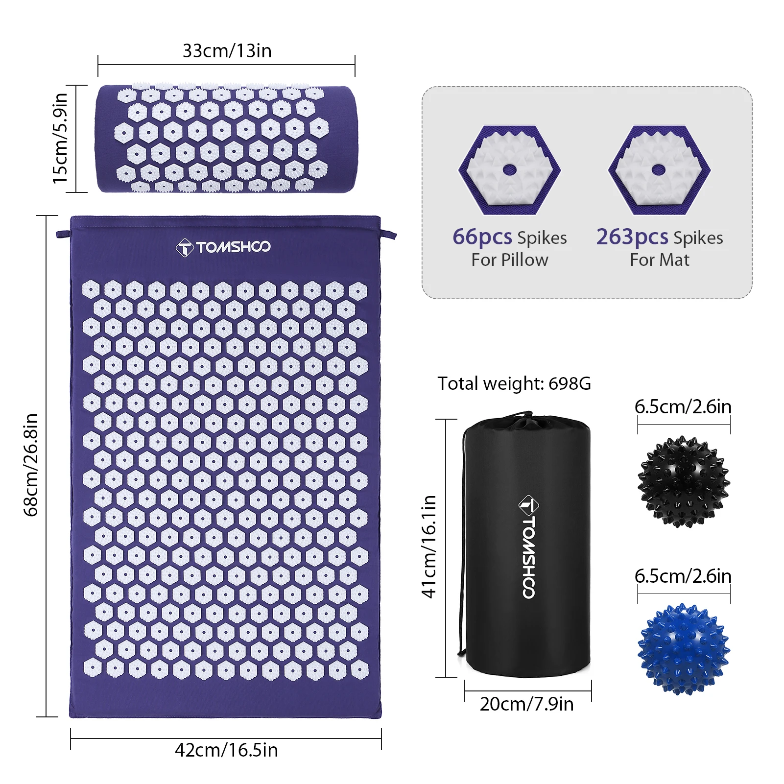 TOMSHOO Acupressure Mat and Pillow Massage Set with Bag for Muscle Relaxation Stress Relief