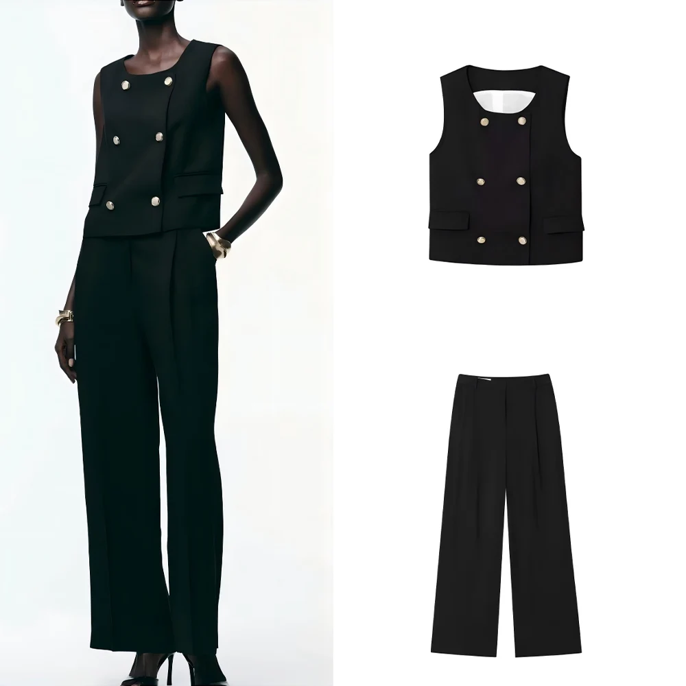 

Women's new fashion flip decoration casual double breasted O Neck vest retro sleeveless women's vest chic top+Pants suit