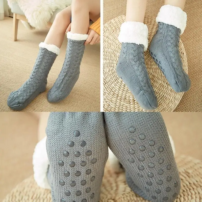 

L38E женские зимние теплые толстые вязаные носки-тапочки с плюшевой подкладкой, однотонные, массивные, вязаные крючком, мягкие,