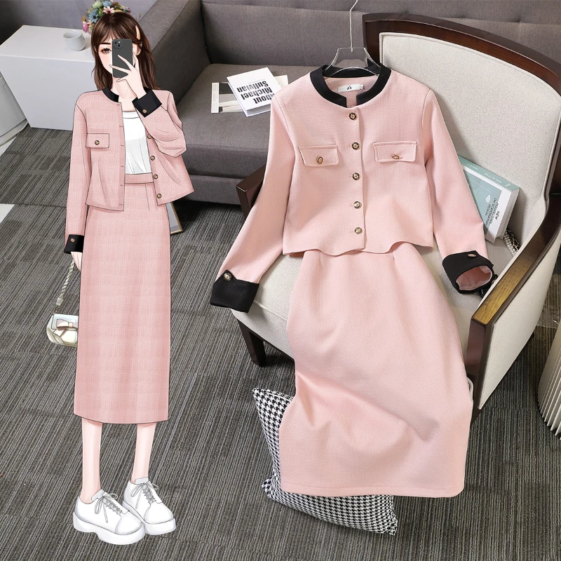 

UNXX Autumn Women Skirt Suit O-neck Pink Sweet Long Sleeve Blazers Tops + Straight A-line Mid-calf Skirts Korean Two Piece Sets