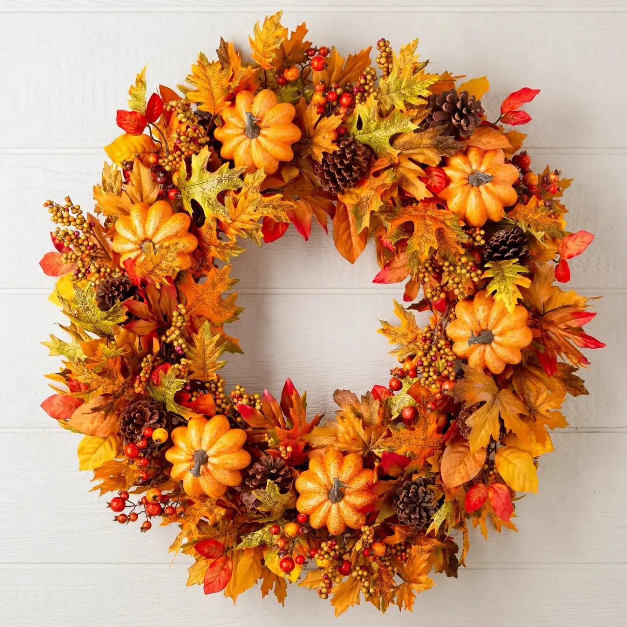 

Yannew 45cm Artificial Autumn Front Door Maple Leaves Wreath with Pumpkins Pinecone Berries for Indoor Wall Thanksgiving Decor