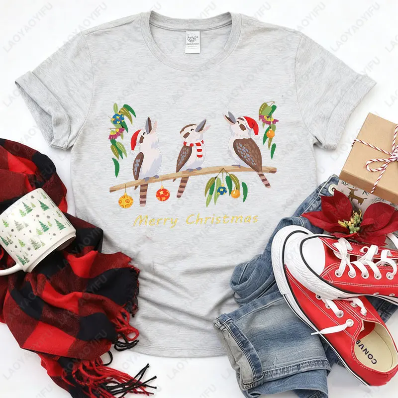 المرأة الأسترالية كوكابورا الطيور تي شيرت مطبوع عيد ميلاد سعيد الأسترالية موضوع بلايز بلوزة غير رسمية لملابس حفلة عيد الميلاد #4