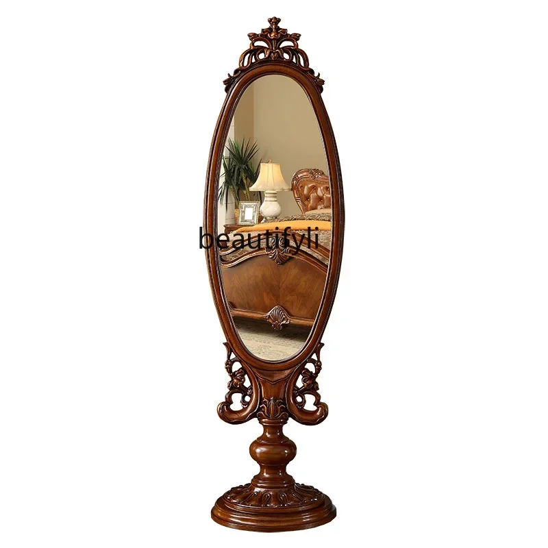 ss 8617American full-length mirror pure solid wood living room bedroom double-sided, French retro carved floor mirror can be rot