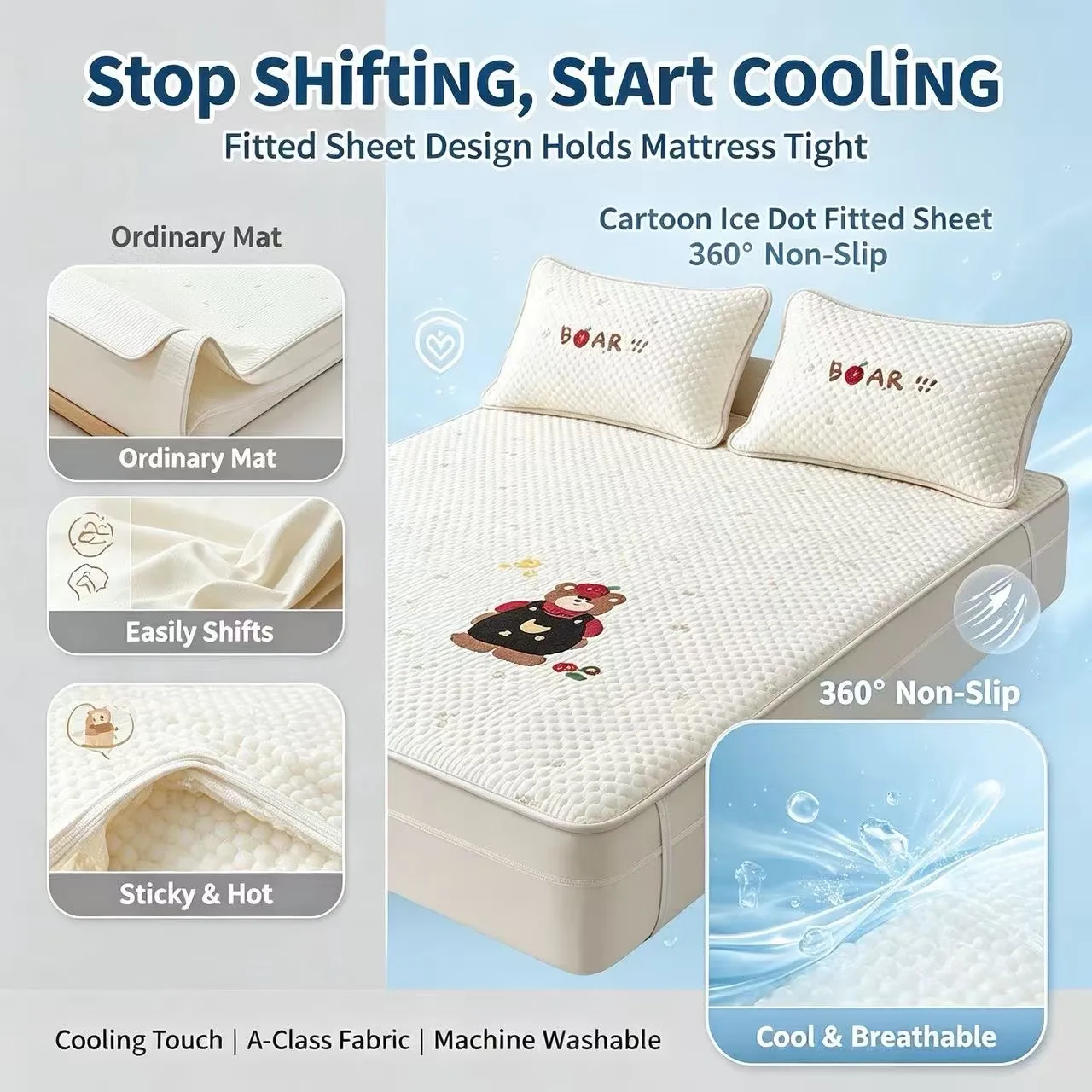 Original Cartoon Cooling Bean Fitted Sheet 3 Pcs Bedding Set Summer Skin Friendly Bed Mat