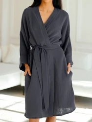 Linad Cotton Robes For Women Loose Long Sleeve Sleepwear Sashes Casual Bathrobe Female Solid 2023 Autumn Fashion Nightwear