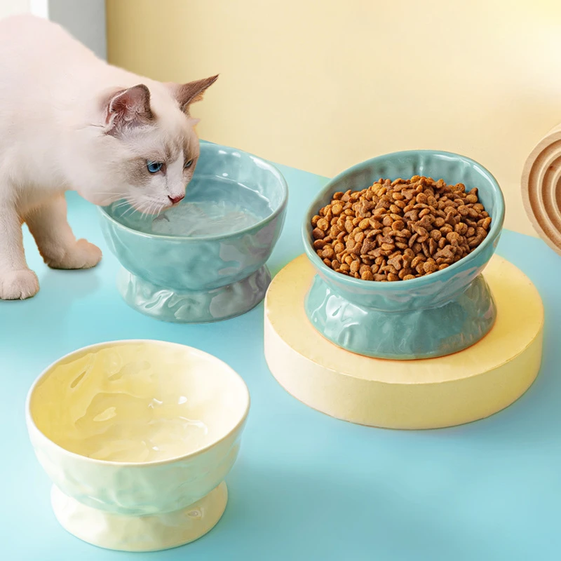 Pet Bowl for Cats Dogs Ceramic Feeders Supplies Cute Slant Mouth Neck Protection High Foot Bowl Anti Overturning