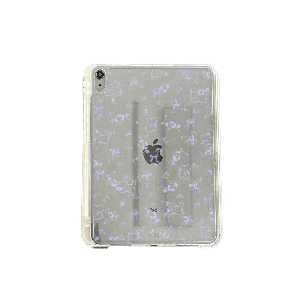 غطاء حماية قابل للفصل لجهاز آيباد مع مسار انزلاقي، تصميم زهور بنفسجية مع قطة، متوافق مع آيباد برو 3 إصدار 2025، مضاد للانحنا...