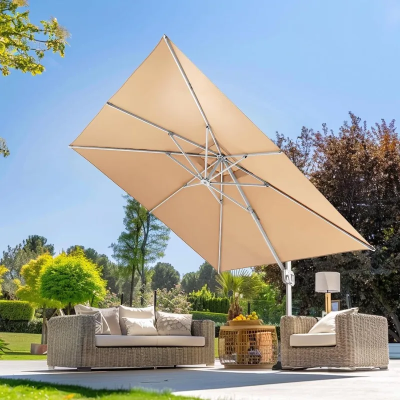 

10x10 FT Cantilever Patio Umbrella with 360° Rotation and Unlimited Tilting System, Heavy Duty Umbrella with Cross Base, Beige