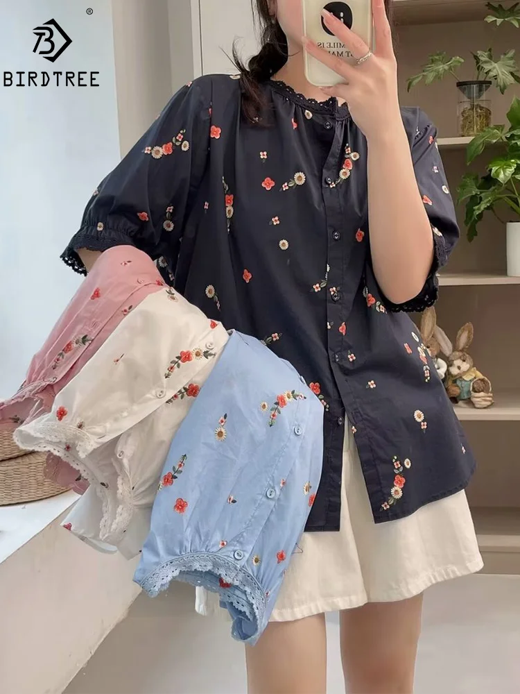 New Spring Cotton Retro Shirt Women Ruched Collar Floral Print Blouse Girl Short Sleeve Fashion Sweet Top 2024 Summer T453123QM