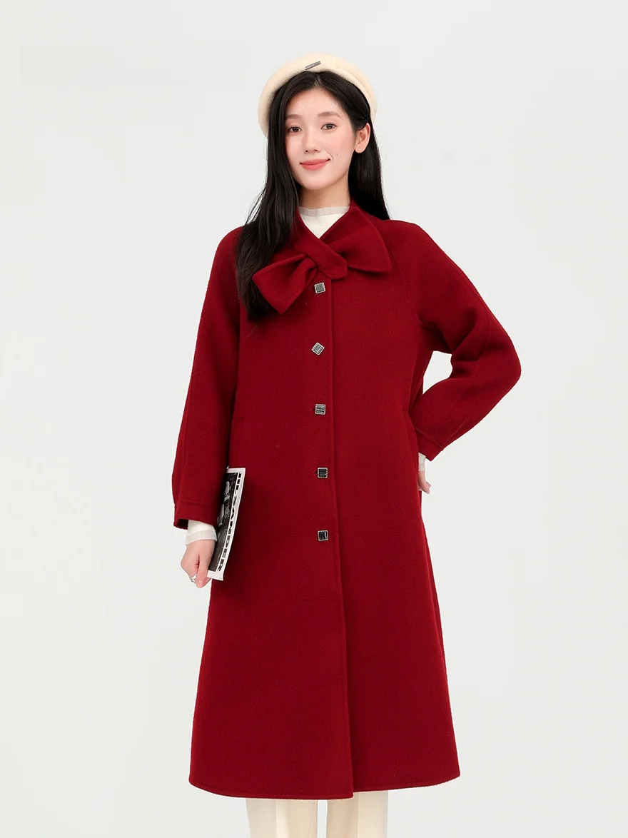 

Зимнее шерстяное пальто Dailanzhi 2025: винтажное, на пуговицах, средней длины, тонкое, однотонное, с круглым вырезом